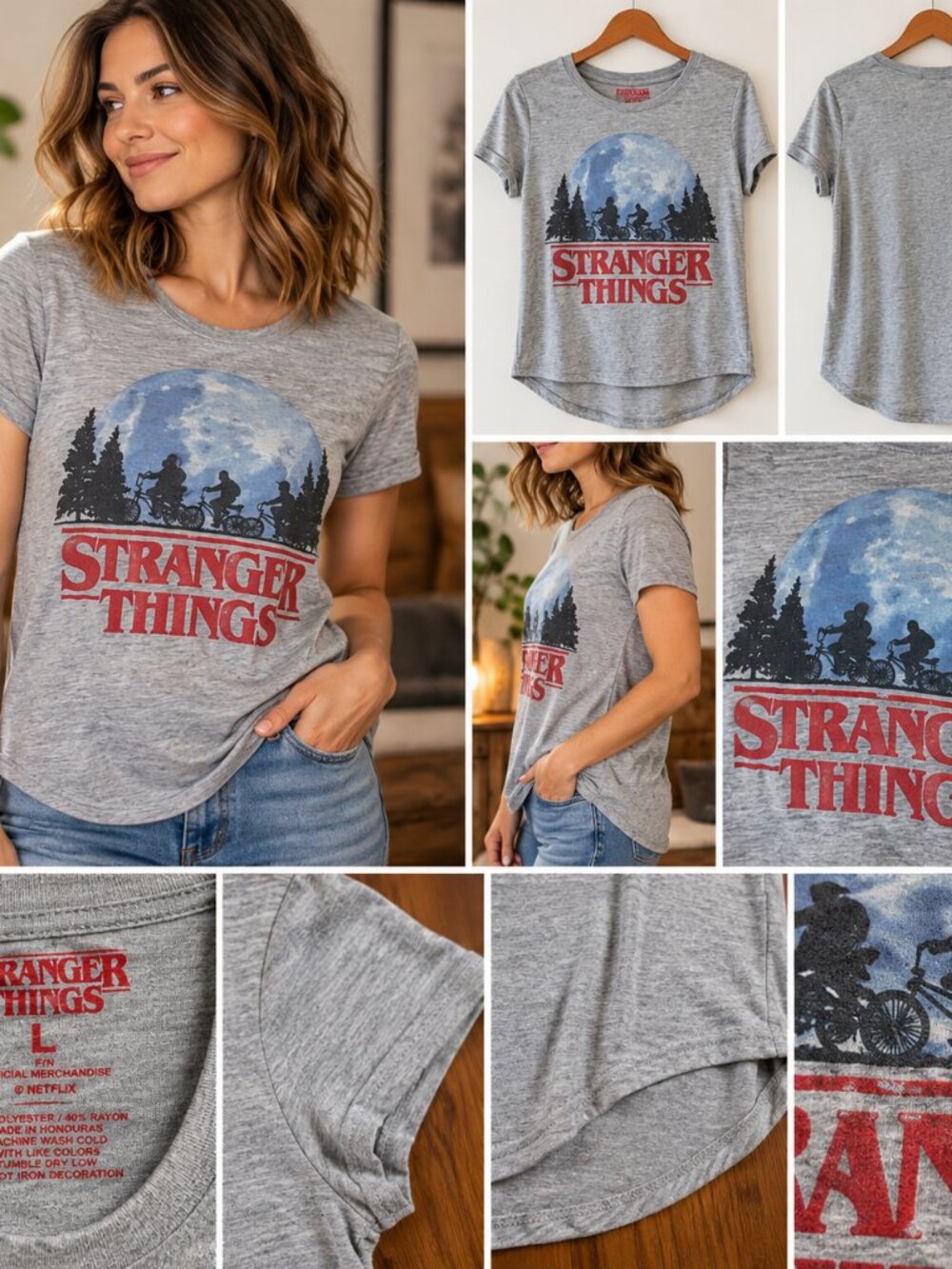 Stranger Things Women’s Large Gray Moon Bikes Graphic Tee Netflix